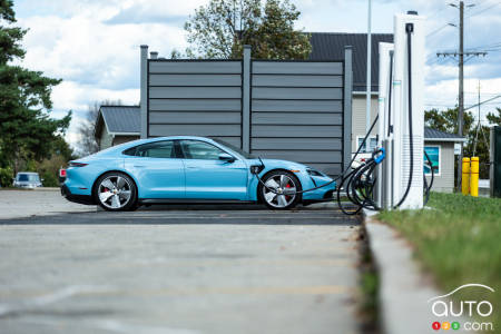 The Porsche Taycan 4S at a charging station